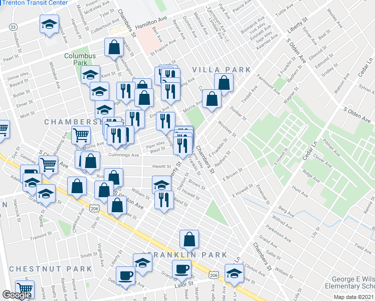 map of restaurants, bars, coffee shops, grocery stores, and more near Liberty St & Franklin St in Trenton