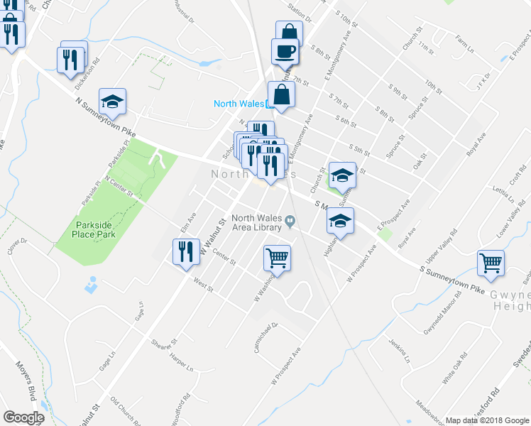 map of restaurants, bars, coffee shops, grocery stores, and more near 205 South Pennsylvania Avenue in North Wales