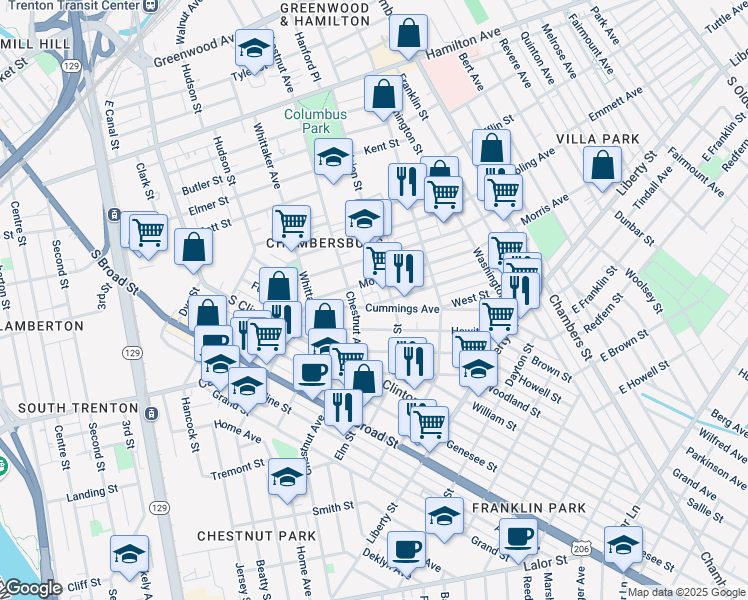 map of restaurants, bars, coffee shops, grocery stores, and more near 32 Ashmore Avenue in Trenton