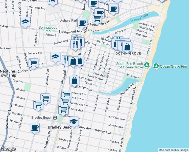 map of restaurants, bars, coffee shops, grocery stores, and more near 99 Franklin Avenue in Neptune Township