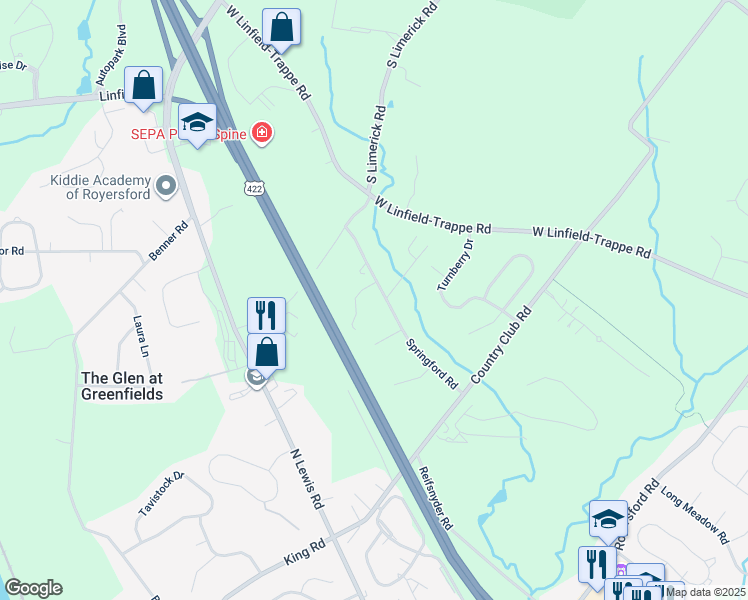 map of restaurants, bars, coffee shops, grocery stores, and more near 30 Springford Road in Royersford