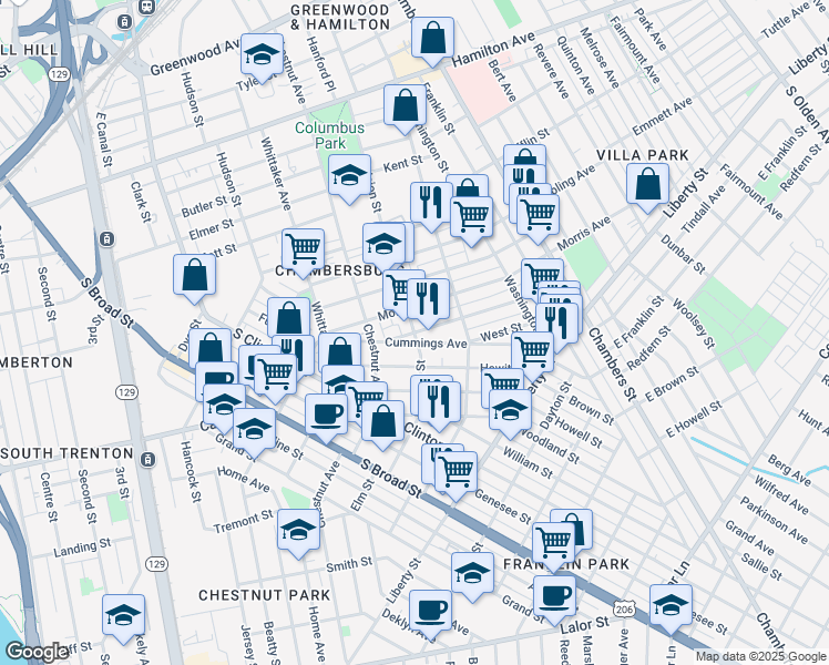 map of restaurants, bars, coffee shops, grocery stores, and more near Division Street & Ashmore Avenue in Trenton