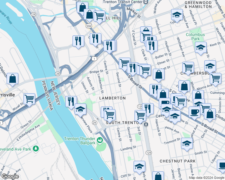 map of restaurants, bars, coffee shops, grocery stores, and more near 322 Centre Street in Trenton