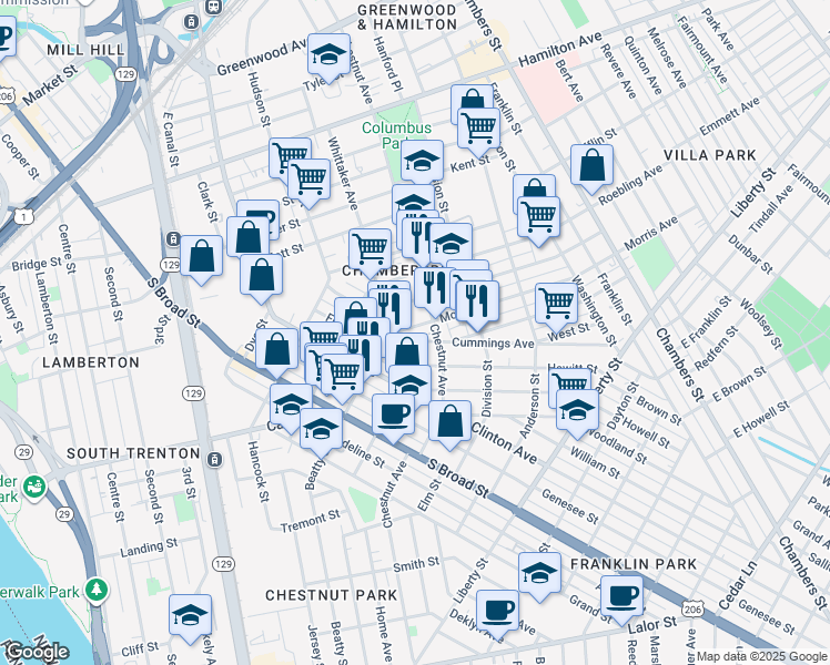 map of restaurants, bars, coffee shops, grocery stores, and more near 25 Morris Avenue in Trenton