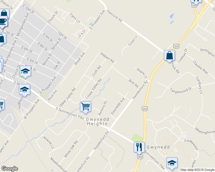 map of restaurants, bars, coffee shops, grocery stores, and more near 313 6th Street in North Wales