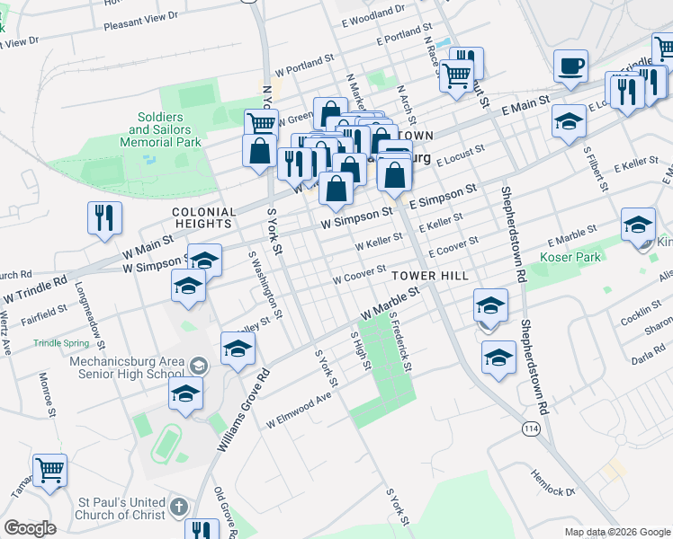 map of restaurants, bars, coffee shops, grocery stores, and more near 311 S High St in Mechanicsburg