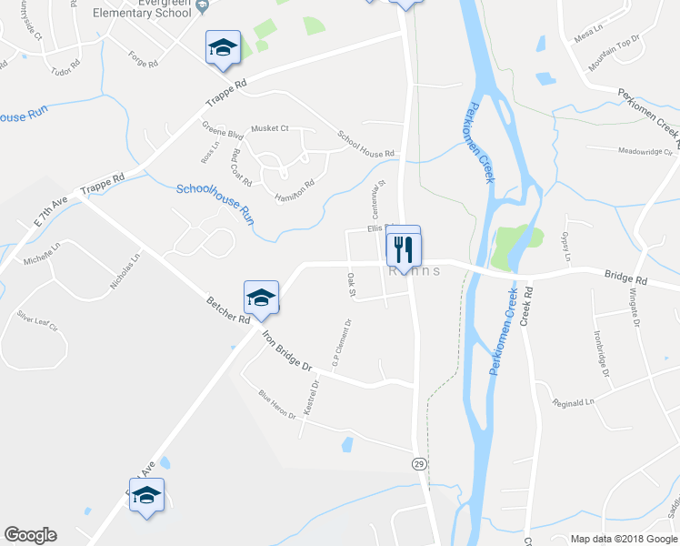 map of restaurants, bars, coffee shops, grocery stores, and more near 181 Oak Street in Collegeville