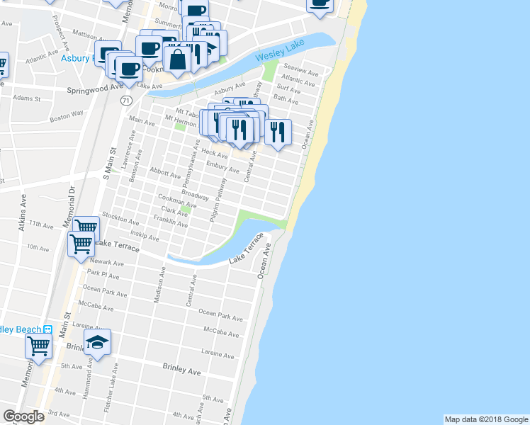 map of restaurants, bars, coffee shops, grocery stores, and more near 13 Broadway in Monmouth County
