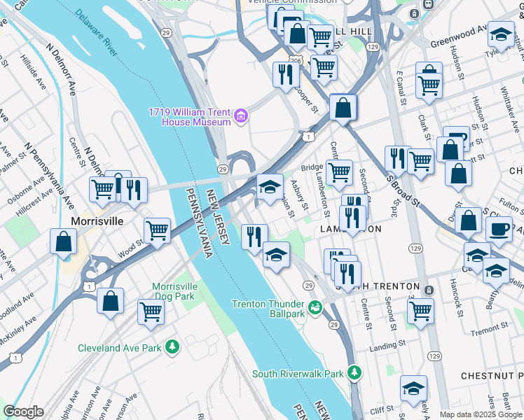 map of restaurants, bars, coffee shops, grocery stores, and more near 99 Ferry Street in Trenton
