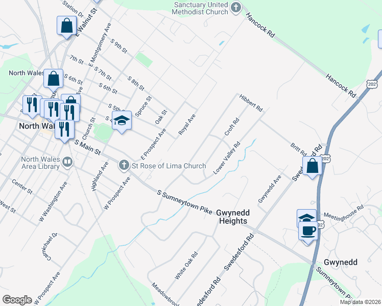 map of restaurants, bars, coffee shops, grocery stores, and more near 216 Upper Valley Road in North Wales