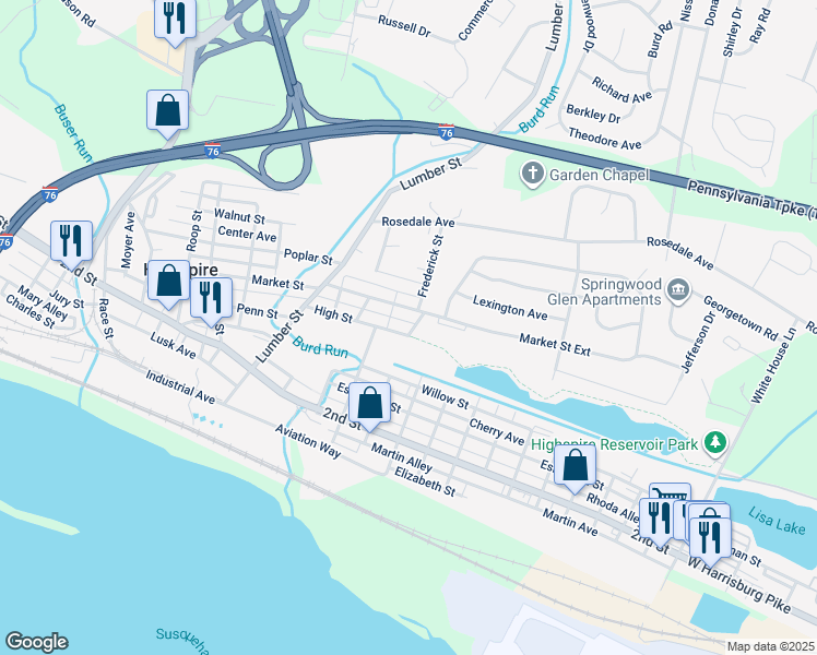 map of restaurants, bars, coffee shops, grocery stores, and more near 422 High Street in Highspire