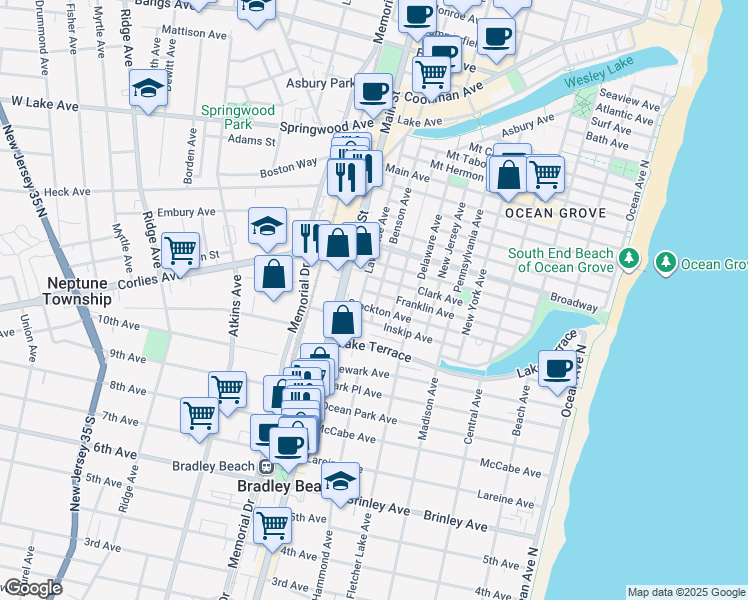 map of restaurants, bars, coffee shops, grocery stores, and more near 139 Stockton Avenue in Neptune Township