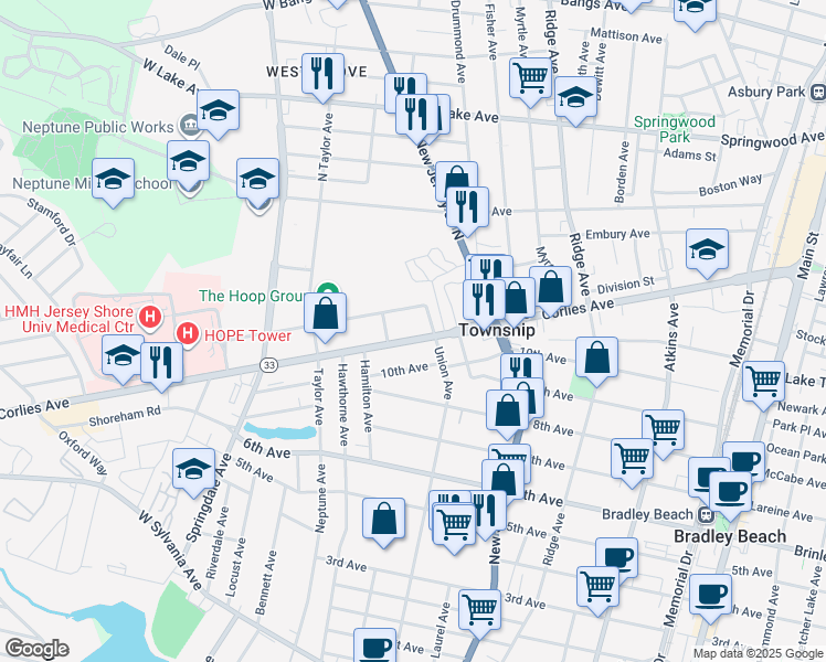 map of restaurants, bars, coffee shops, grocery stores, and more near 1517 Corlies Avenue in Neptune City