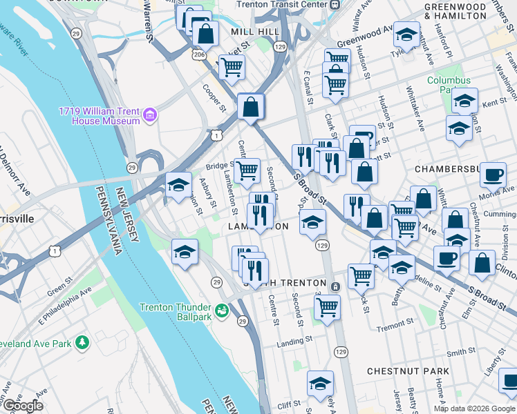 map of restaurants, bars, coffee shops, grocery stores, and more near 144 Turpin Street in Trenton