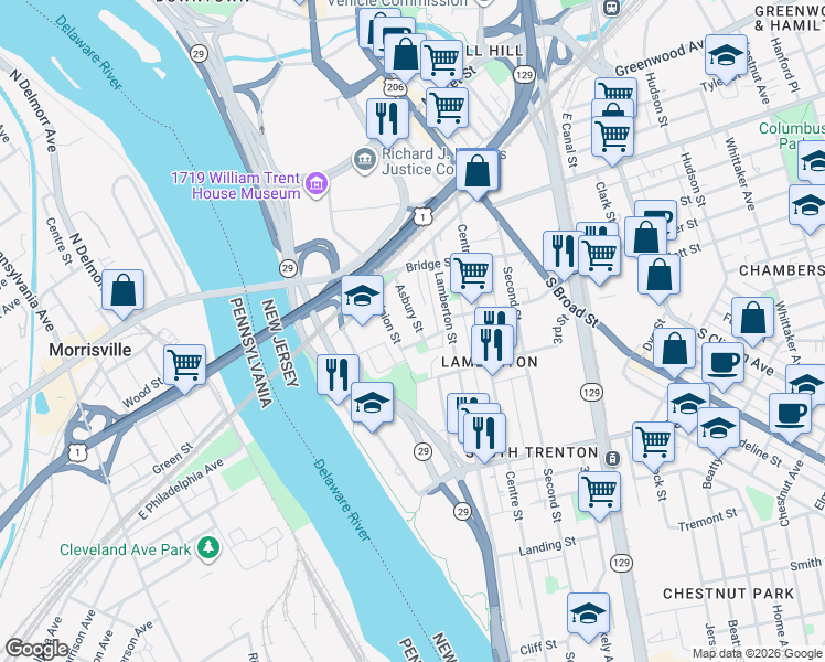 map of restaurants, bars, coffee shops, grocery stores, and more near 100 Asbury Street in Trenton