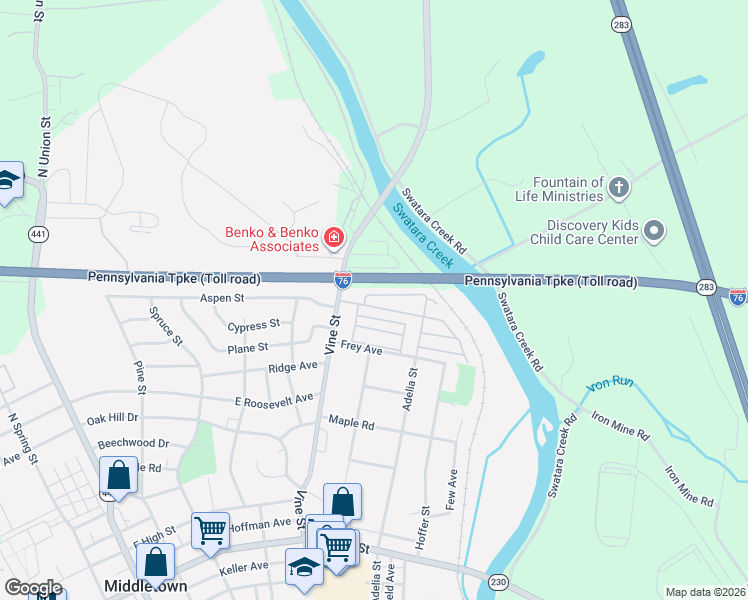 map of restaurants, bars, coffee shops, grocery stores, and more near 1208 Vine Street in Middletown