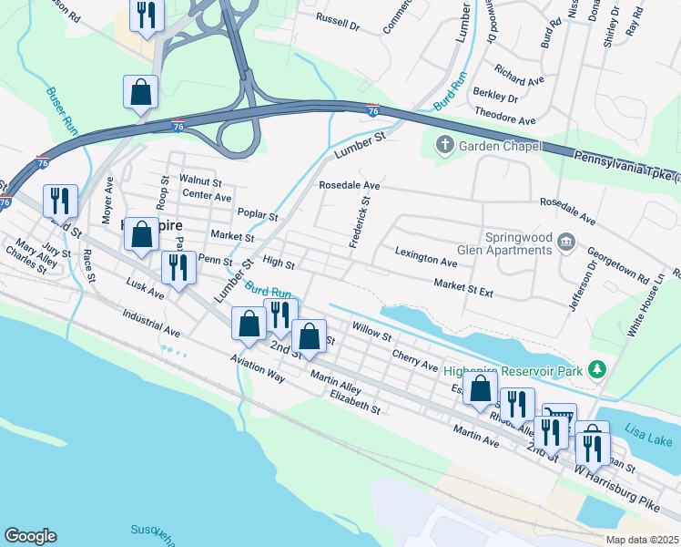 map of restaurants, bars, coffee shops, grocery stores, and more near 422 High Street in Highspire