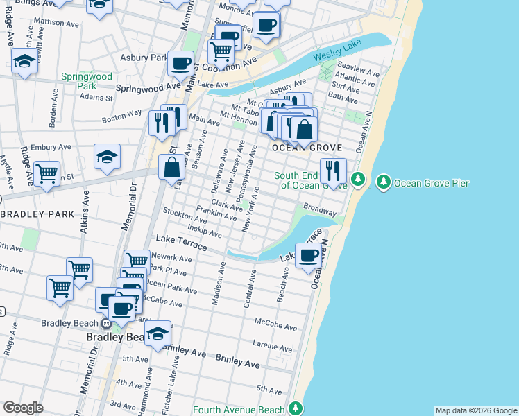 map of restaurants, bars, coffee shops, grocery stores, and more near 78 Clark Avenue in Neptune Township