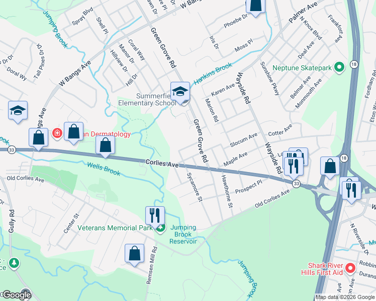 map of restaurants, bars, coffee shops, grocery stores, and more near 611 Fairview Avenue in Neptune City