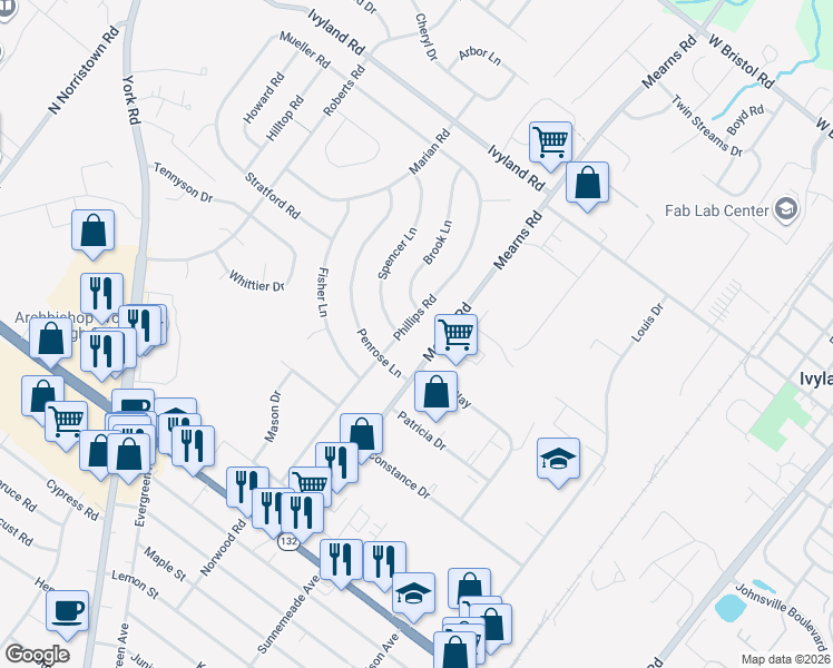map of restaurants, bars, coffee shops, grocery stores, and more near 803 Phillips Road in Warminster