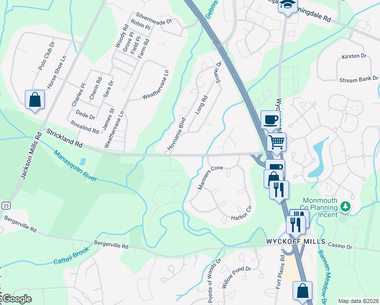 map of restaurants, bars, coffee shops, grocery stores, and more near 44 Strickland Road in Freehold