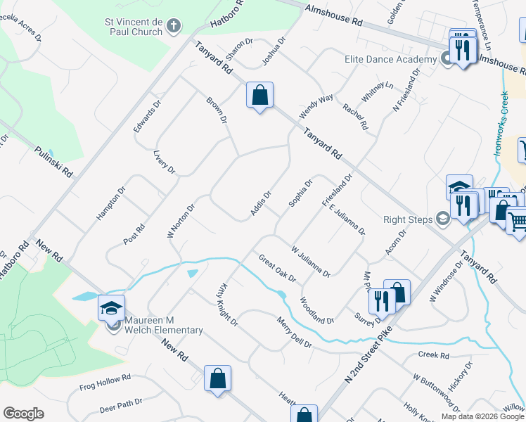 map of restaurants, bars, coffee shops, grocery stores, and more near 79 Addis Drive in Southampton