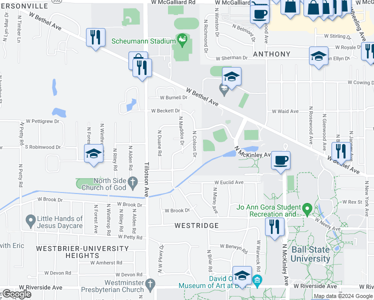 map of restaurants, bars, coffee shops, grocery stores, and more near 2605 West Lomax Avenue in Muncie