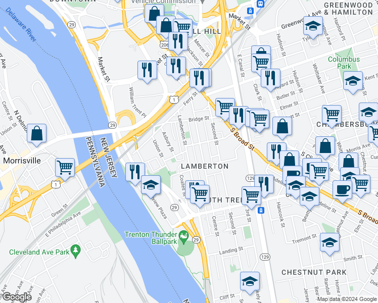 map of restaurants, bars, coffee shops, grocery stores, and more near 514 Lamberton Street in Trenton