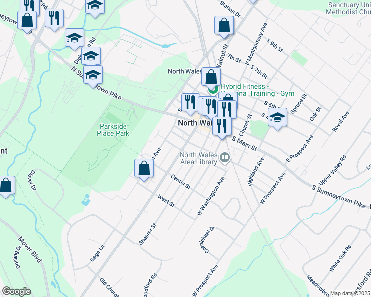 map of restaurants, bars, coffee shops, grocery stores, and more near 213 West Walnut Street in North Wales