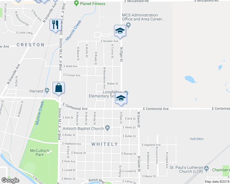map of restaurants, bars, coffee shops, grocery stores, and more near 1804 North Turner Street in Muncie