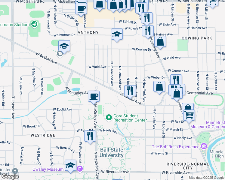map of restaurants, bars, coffee shops, grocery stores, and more near 1699 West Bethel Avenue in Muncie