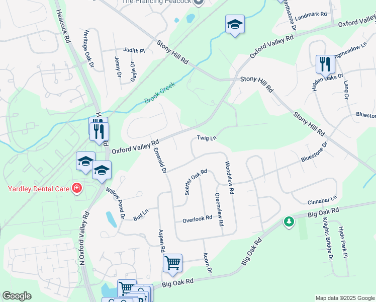 map of restaurants, bars, coffee shops, grocery stores, and more near 357 Twig Lane in Yardley