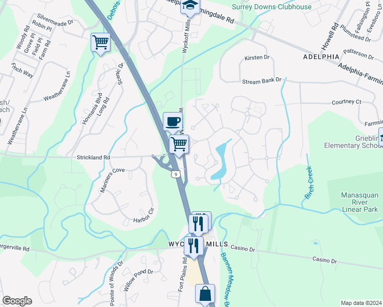 map of restaurants, bars, coffee shops, grocery stores, and more near 156B Rue de Saint Germaine in Freehold