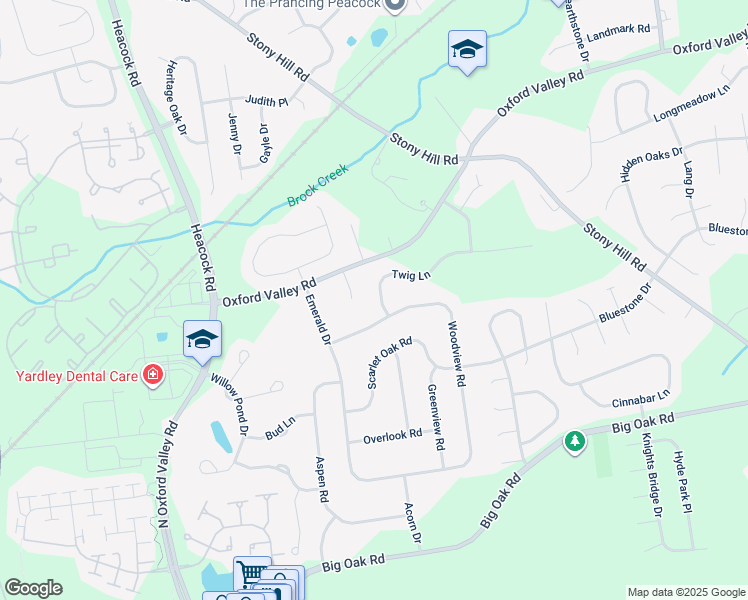 map of restaurants, bars, coffee shops, grocery stores, and more near 357 Twig Lane in Yardley