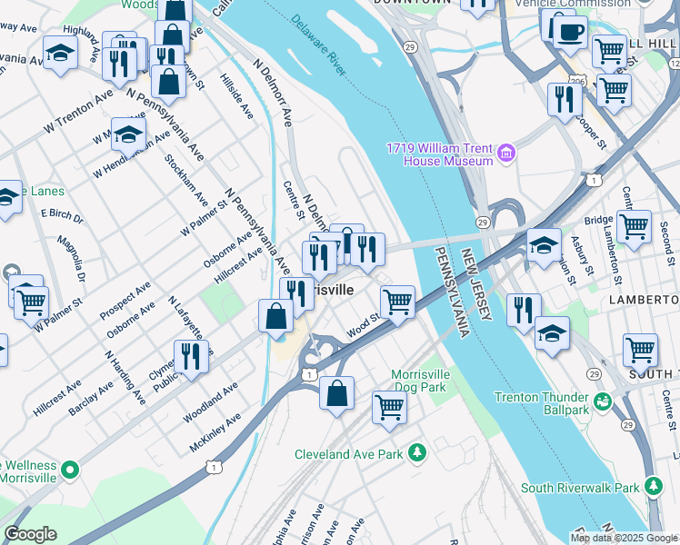 map of restaurants, bars, coffee shops, grocery stores, and more near 78 Pennsylvania 32 in Morrisville