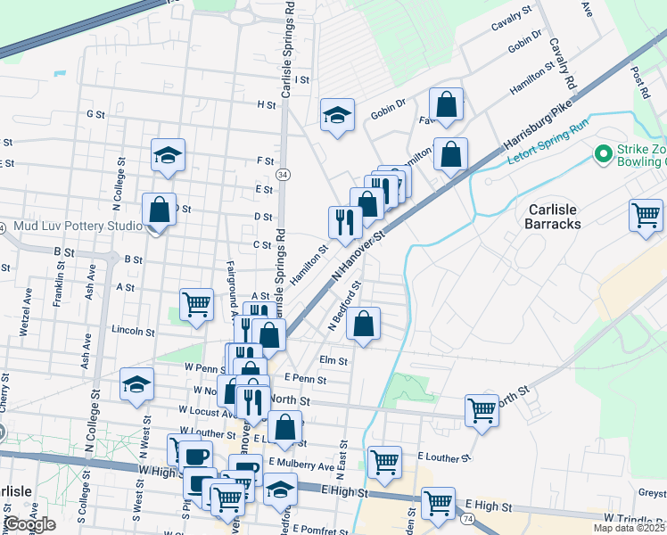 map of restaurants, bars, coffee shops, grocery stores, and more near 636 North Hanover Street in Carlisle
