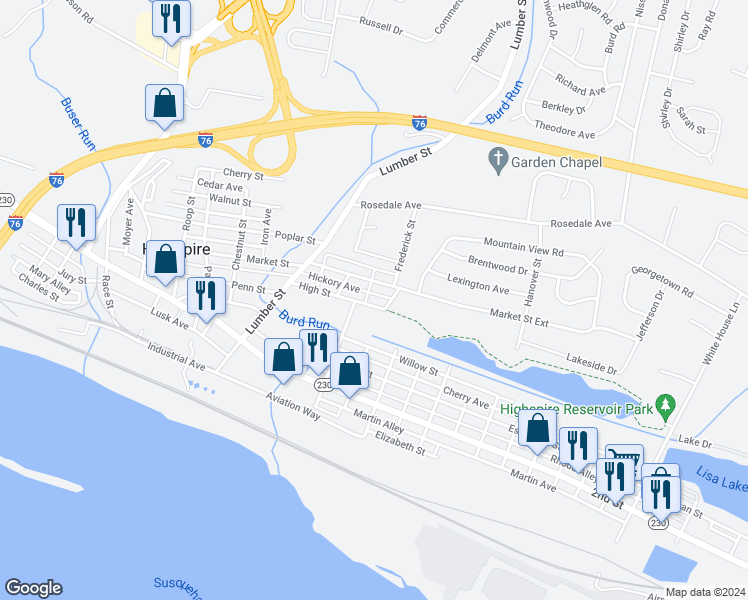 map of restaurants, bars, coffee shops, grocery stores, and more near 416 High Street in Highspire
