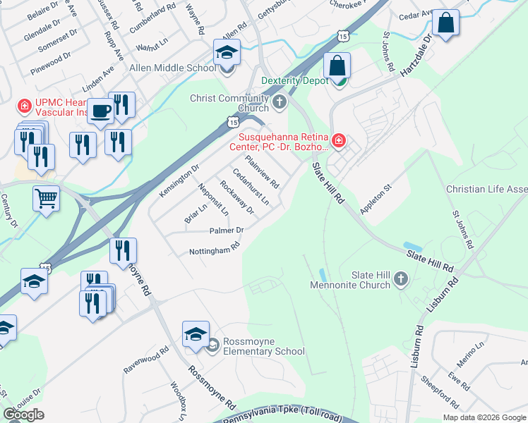 map of restaurants, bars, coffee shops, grocery stores, and more near 5 Palmer Drive in Camp Hill