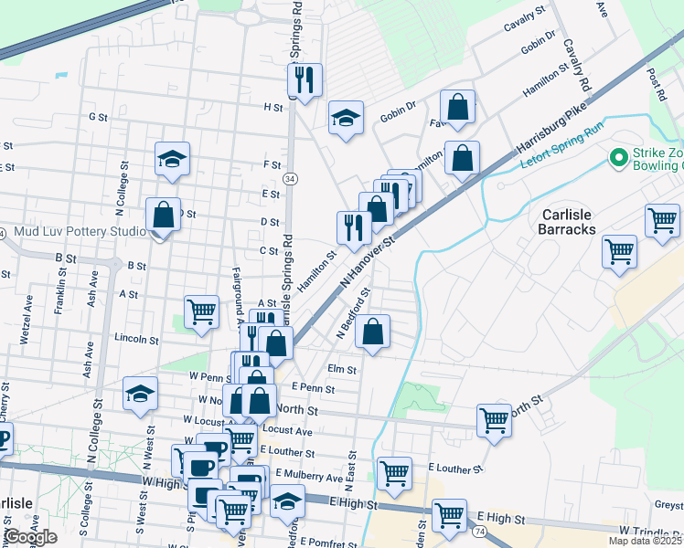 map of restaurants, bars, coffee shops, grocery stores, and more near 636 North Hanover Street in Carlisle