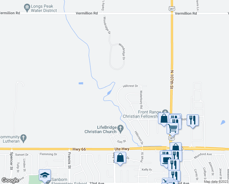 map of restaurants, bars, coffee shops, grocery stores, and more near 12911 Hillcrest Drive in Longmont