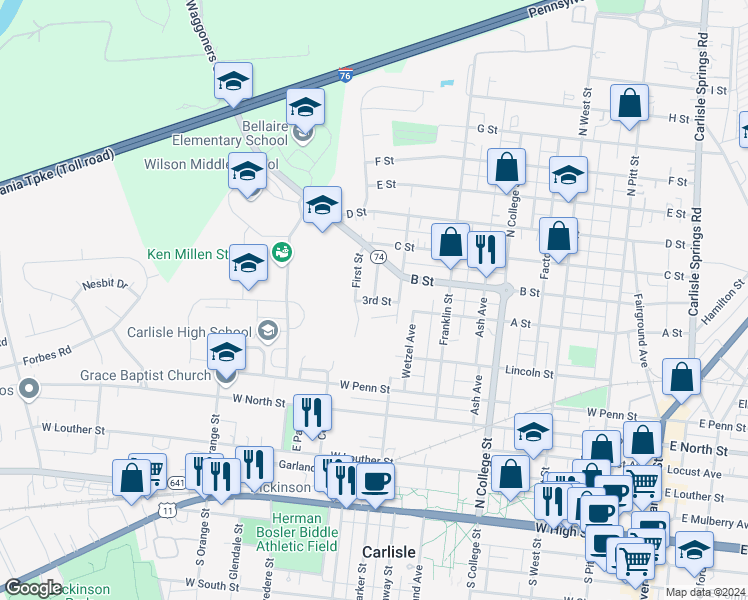 map of restaurants, bars, coffee shops, grocery stores, and more near 523 3rd Street in Carlisle