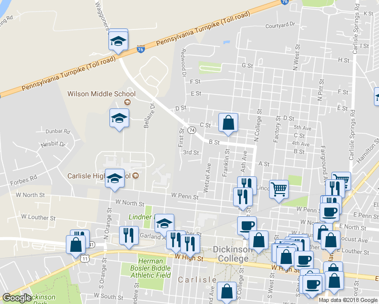 map of restaurants, bars, coffee shops, grocery stores, and more near 3rd Street in Carlisle