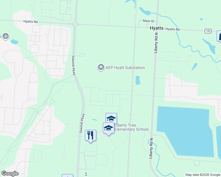 map of restaurants, bars, coffee shops, grocery stores, and more near 2972 Beechwood Drive in Powell