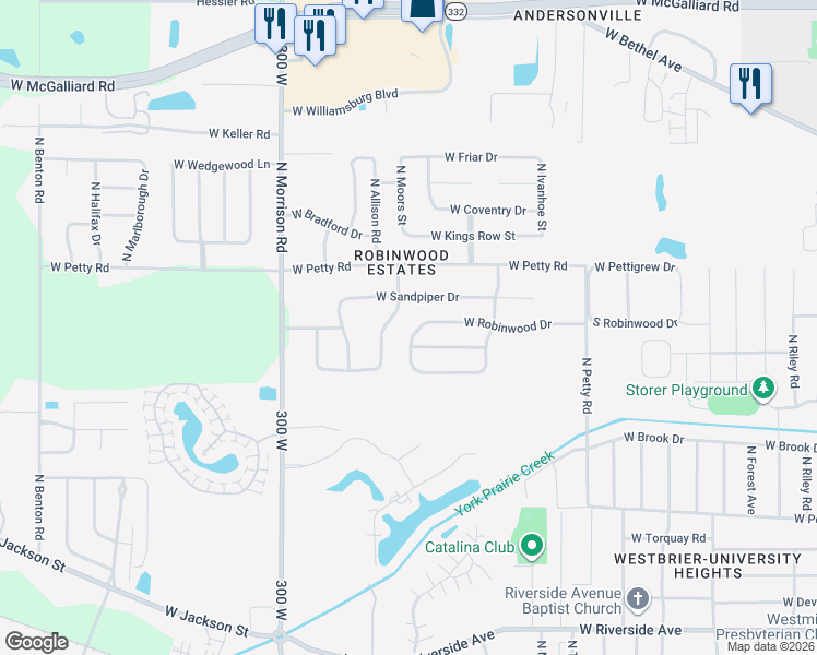 map of restaurants, bars, coffee shops, grocery stores, and more near 4404 West Hummingbird Way in Muncie