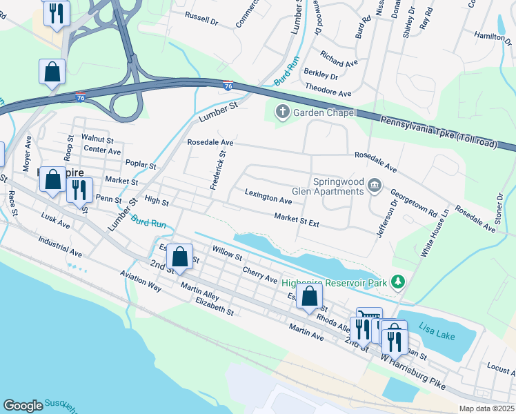 map of restaurants, bars, coffee shops, grocery stores, and more near 2053 Market Street Extension in Middletown