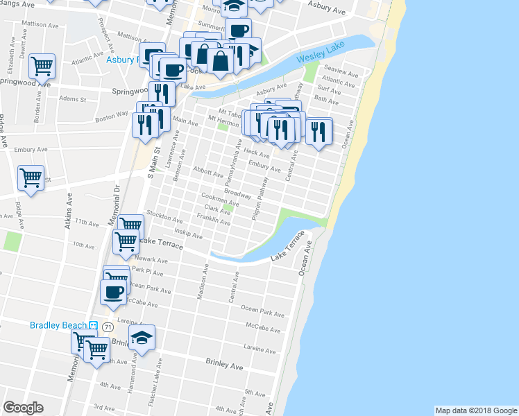 map of restaurants, bars, coffee shops, grocery stores, and more near 62 Cookman Avenue in Monmouth County