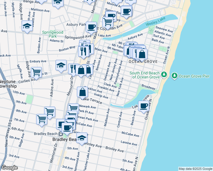 map of restaurants, bars, coffee shops, grocery stores, and more near 99 Franklin Avenue in Neptune Township