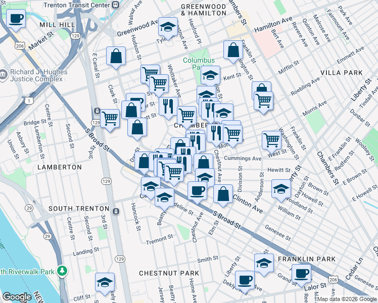 map of restaurants, bars, coffee shops, grocery stores, and more near 234 Fulton Street in Trenton