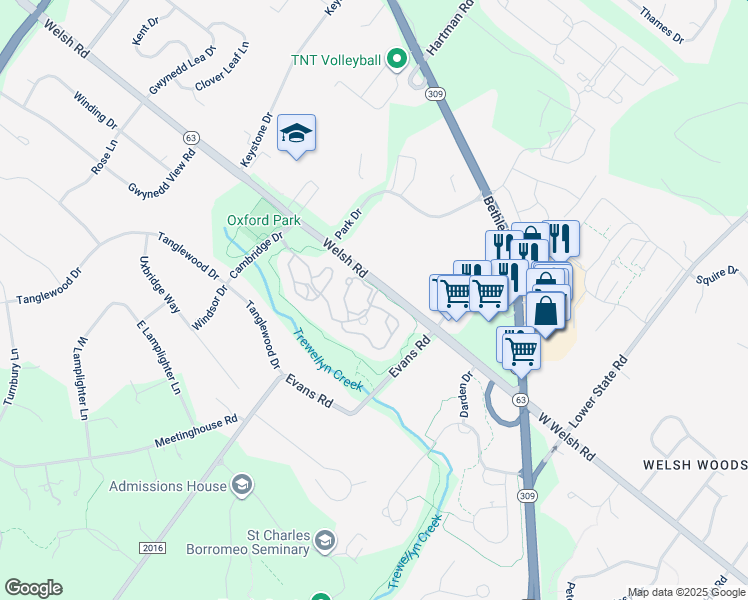 map of restaurants, bars, coffee shops, grocery stores, and more near 18 Woodview Lane in North Wales