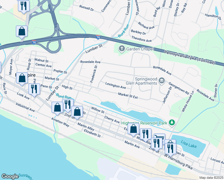 map of restaurants, bars, coffee shops, grocery stores, and more near 2053 Market Street Extension in Middletown